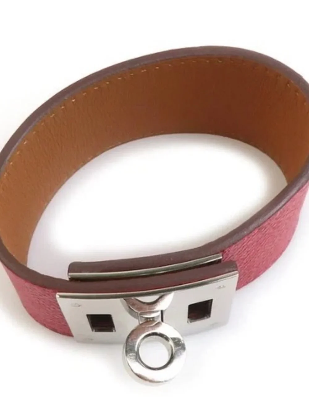 Auth HERMES Kelly Dog Bracelet Red/Silver Leather/Metal - e61836
